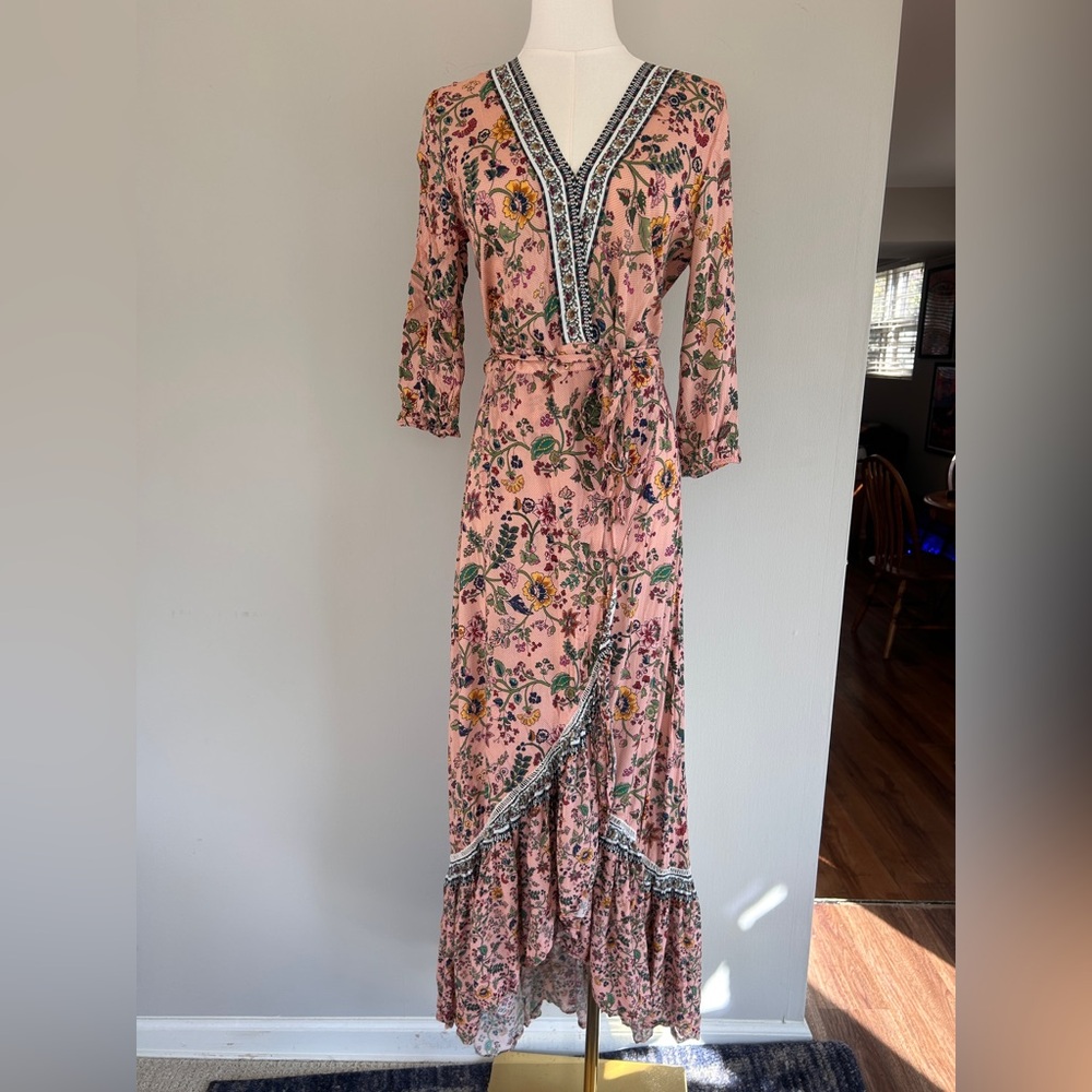 FARM RIO ANTHROPOLOGIE Clara Floral Maxi Wrap Dress Boho Cottage Resort Beach XS - Picture 4 of 15